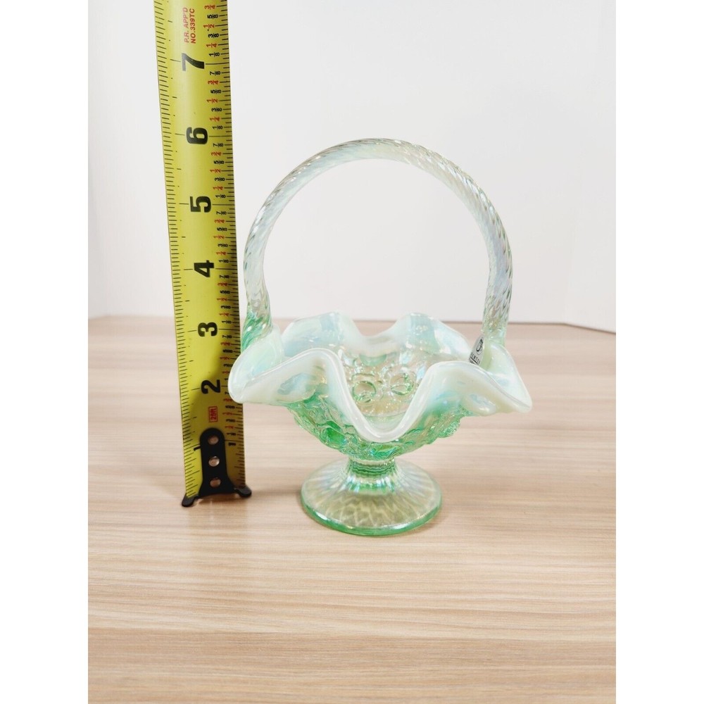 Fenton Green Opalescent Iridescent‎ Ruffled Wavy Roses Floral Basket with Handle - Picture 6 of 7